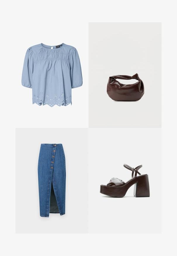 Hellblaue Bluse aus Baumwolle mit Rundhalsausschnitt, Puffärmeln und aufwendigen Spitzenornamenten am Saum.; Denim-Bleistiftrock in Mittelblau mit einem Schlitz vorne, ausgestattet mit sechs braunen Knopf-Akzenten entlang der Seitennaht. Glatte Textur und taillierte Passform.; Dunkelbraune Plateausandale aus Leder mit klobigem Blockabsatz, offenem Zehenbereich und verstellbarem Knöchelriemen mit Metallverschluss.; Dunkelbraune Lederschultertasche mit weicher, lockerer Form und einem gedrehten Knotengriff vor schlichtem weißem Hintergrund.