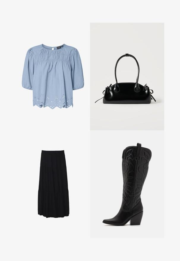Blouse bleu clair en coton avec un col rond, des manches bouffantes et des détails en dentelle ajourée complexes au niveau de l'ourlet.; Jupe midi noire à volants avec une taille élastique, fabriquée en tissu doux, présentant une silhouette fluide et une texture lisse.; Bottes hautes en cuir noir jusqu'aux genoux avec bout pointu et talon empilé. Caractéristiques de coutures décoratives et éléments de design courbés.; Petit sac à main noir brillant avec deux longues anses et des détails à cordon sur les côtés sur un fond clair uni.