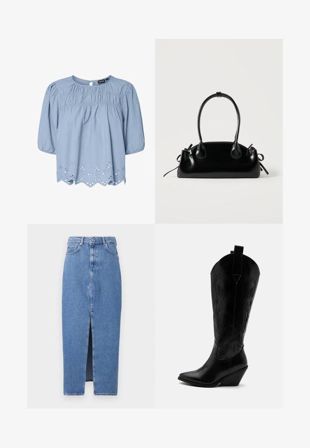 Blouse bleu clair en coton avec un col rond, des manches bouffantes et des détails en dentelle ajourée complexes au niveau de l'ourlet.; Jupe midi en denim bleu clair avec une fente avant, design classique à cinq poches et fermeture par bouton supérieur. Le tissu présente une légère texture.; Botte de cowboy en cuir noir avec bout pointu, talon bloc incliné, couture décorative et languettes en haut sur fond blanc.; Petit sac à main noir brillant avec deux longues anses et des détails à cordon sur les côtés sur un fond clair uni.