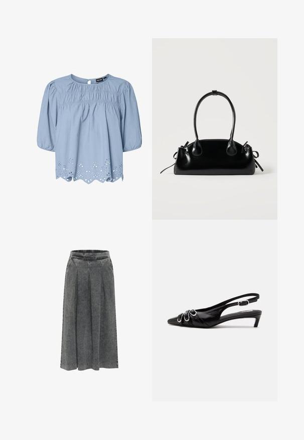 Hellblaue Bluse aus Baumwolle mit Rundhalsausschnitt, Puffärmeln und aufwendigen Spitzenornamenten am Saum.; Grauer Jeansrock mit Falten, elastischem Bund, knielang und mit strukturierter Oberfläche. Einfaches Design ohne sichtbare Muster oder Verzierungen.; Schwarzer Lederslingback mit spitzer Spitze, drei silbernen Schnallen vorne und niedrigem Kittenabsatz auf weißem Hintergrund.; Kleine schwarze glänzende Handtasche mit zwei langen Griffen und seitlichen Kordelzug-Details vor einfachem hellem Hintergrund.