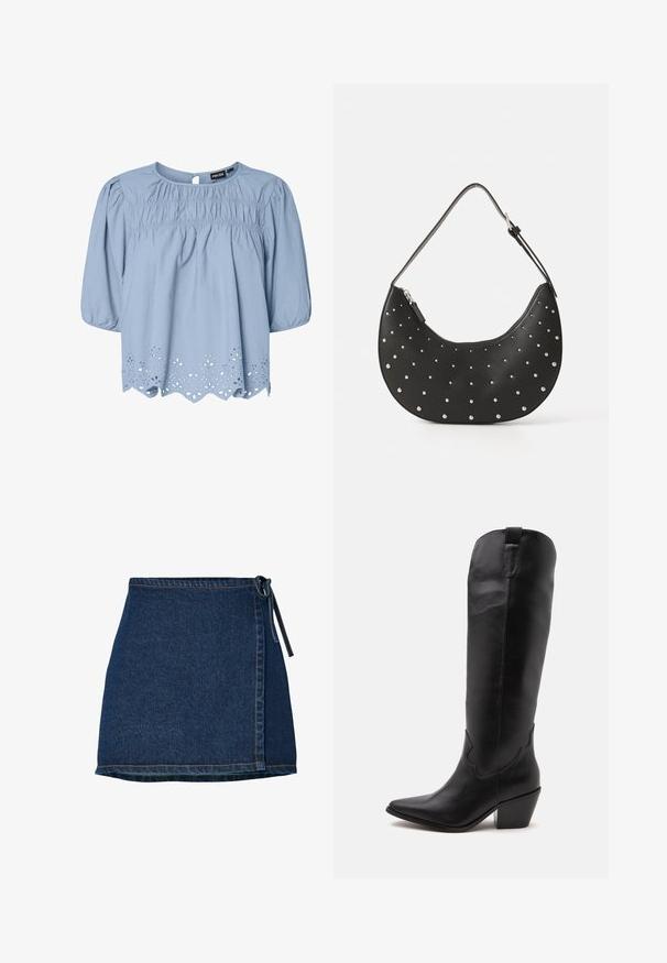 Lichtblauwe blouse van katoen met een ronde halslijn, puffed sleeves en ingewikkelde oogjeskant details aan de zoom.; Denimrok met een wikkelontwerp, donkerblauwe kleur en een gestrikt midden. Bevat stikdetails langs de zoom en de zijnaad.; Hoge zwarte leren cowboylaars met een spitse neus, lage blokhak en minimale stiksels, van opzij weergegeven op een witte achtergrond.; Zwarte leren handtas met een gebogen vorm, versierd met zilveren studs, voorzien van een ritssluiting en een enkele verstelbare schouderband.