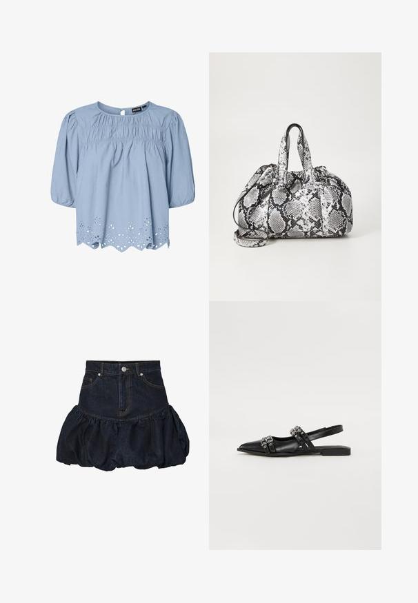 Lichtblauwe blouse van katoen met een ronde halslijn, puffed sleeves en ingewikkelde oogjeskant details aan de zoom.; Donkerdenimrok met een getailleerde taille en een verzamelde, puffy geplooide onderkant. Voorzien van voorzakken en een metalen knoopsluiting.; Even&Odd by Zalando Slingback ballerina´s - black; Zwart-wit handtas met slangenhuidpatroon, voorzien van twee handvaten, een trekkoordsluiting en een afneembare schouderriem. Hanteert een gladde textuur.