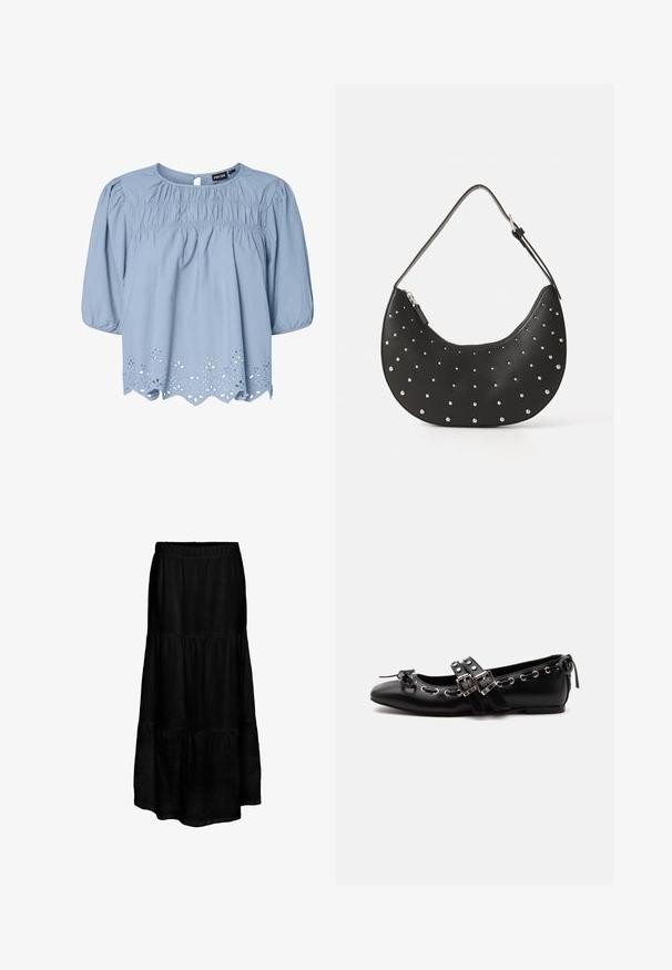 Lichtblauwe blouse van katoen met een ronde halslijn, puffed sleeves en ingewikkelde oogjeskant details aan de zoom.; Zwarte, gelaagde maxirok met een elastische tailleband, gemaakt van een lichtgewicht stof, met een gestructureerde afwerking en een vloeiende silhouette.; Zwarte platte balletschoen met dubbele gespsluitingen, zilveren oogjes en een klein strikje nabij de afgeronde neus op een witte achtergrond.; Zwarte leren handtas met een gebogen vorm, versierd met zilveren studs, voorzien van een ritssluiting en een enkele verstelbare schouderband.