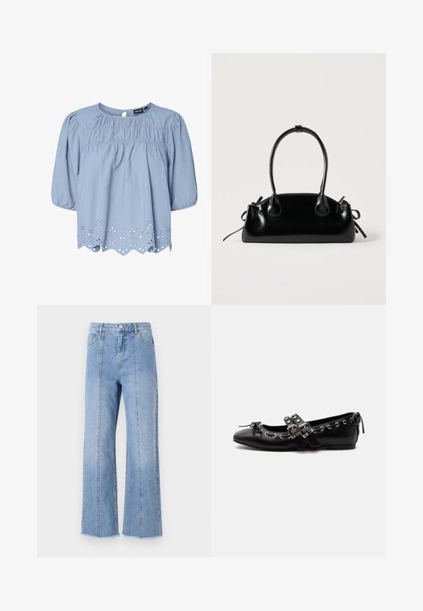 Lichtblauwe blouse van katoen met een ronde halslijn, puffed sleeves en ingewikkelde oogjeskant details aan de zoom.; Lichtblauwe denim wijdlopende jeans met een hoge taille, voornaad en onbewerkte zoom. Voorzien van een klassieke knoop- en ritsluiting in de taille.; Zwarte platte balletschoen met dubbele gespsluitingen, zilveren oogjes en een klein strikje nabij de afgeronde neus op een witte achtergrond.; Kleine zwarte glanzende handtas met twee lange hengsels en zijkant trekkoord details op een effen lichte achtergrond.
