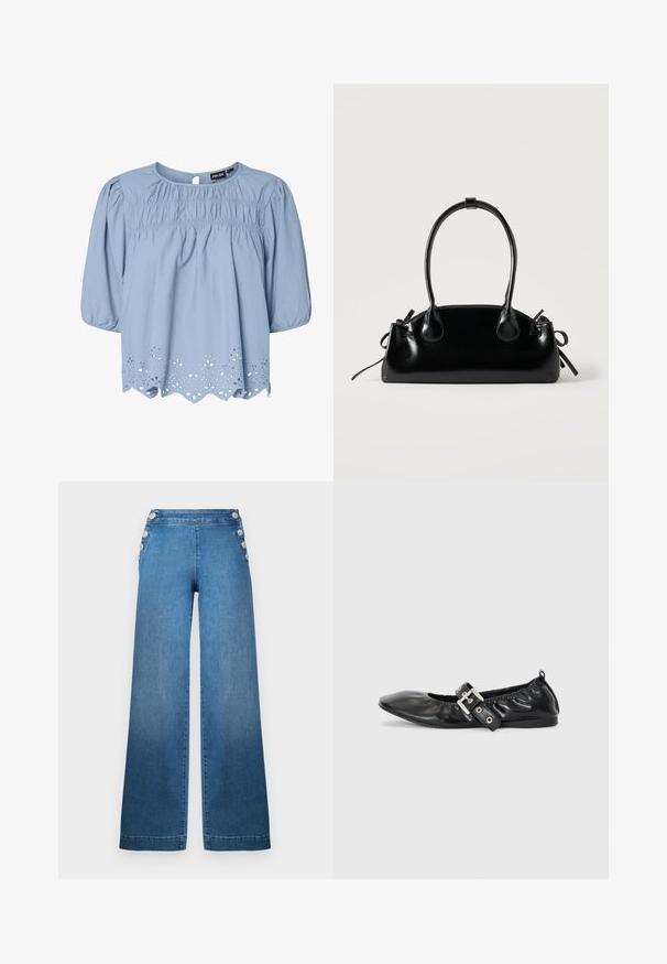Lichtblauwe blouse van katoen met een ronde halslijn, puffed sleeves en ingewikkelde oogjeskant details aan de zoom.; Brede blauwe denim broek met een hoge taille, knoopaccenten aan de zijkant en een schone zoom. De stof heeft een gladde textuur met een lichte vervaging.; Zwarte leren platte schoen met een spitse neus, geplooide details rond de opening en een zilveren gespaccentueerde verstelbare band.; Kleine zwarte glanzende handtas met twee lange hengsels en zijkant trekkoord details op een effen lichte achtergrond.