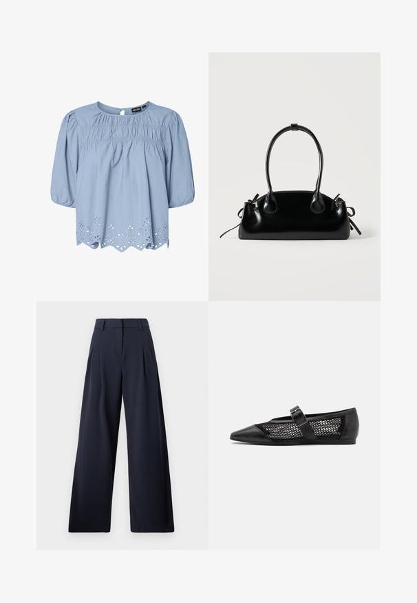 Blouse bleu clair en coton avec un col rond, des manches bouffantes et des détails en dentelle ajourée complexes au niveau de l'ourlet.; Pantalons larges navy avec une texture lisse, présentant des plis avant et une taille classique, conçu pour un ajustement décontracté.; Chaussure plate noire avec un bout pointu, panneaux latéraux en maille et une sangle avec une boucle décorative. Fini lisse sur les sections du bout et du talon.; Petit sac à main noir brillant avec deux longues anses et des détails à cordon sur les côtés sur un fond clair uni.