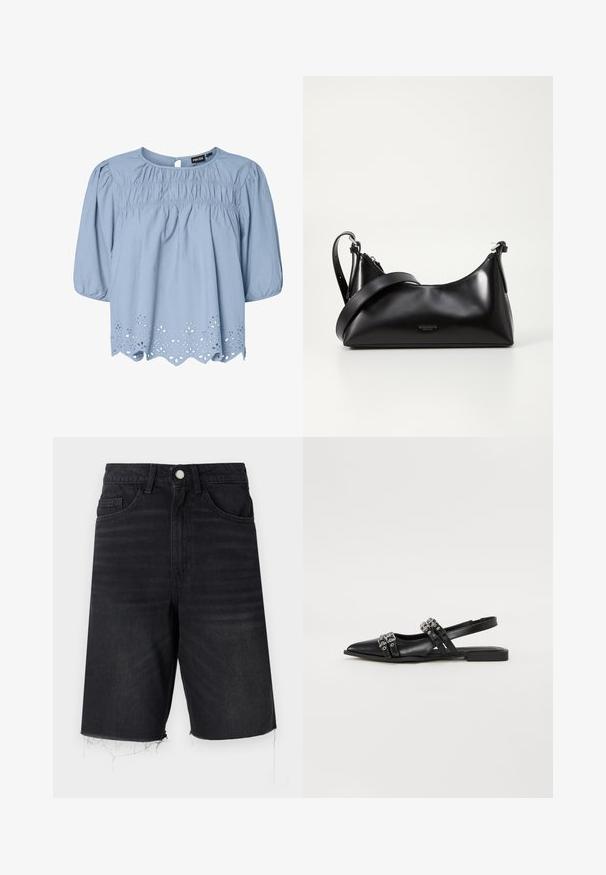 Hellblaue Bluse aus Baumwolle mit Rundhalsausschnitt, Puffärmeln und aufwendigen Spitzenornamenten am Saum.; Schwarze Denim-Shorts mit hoher Taille, fünf Taschen, Knopfverschluss und ausgefranstem Saum. Sie besitzen eine glatte Textur mit leichter Ausbleichung.; Even&Odd by Zalando Sling-Ballerina - black; Schwarze lederne Handtasche mit glatter Textur. Verfügt über einen verstellbaren Riemen und ein elegantes, minimalistisches Design mit einem Reißverschluss.