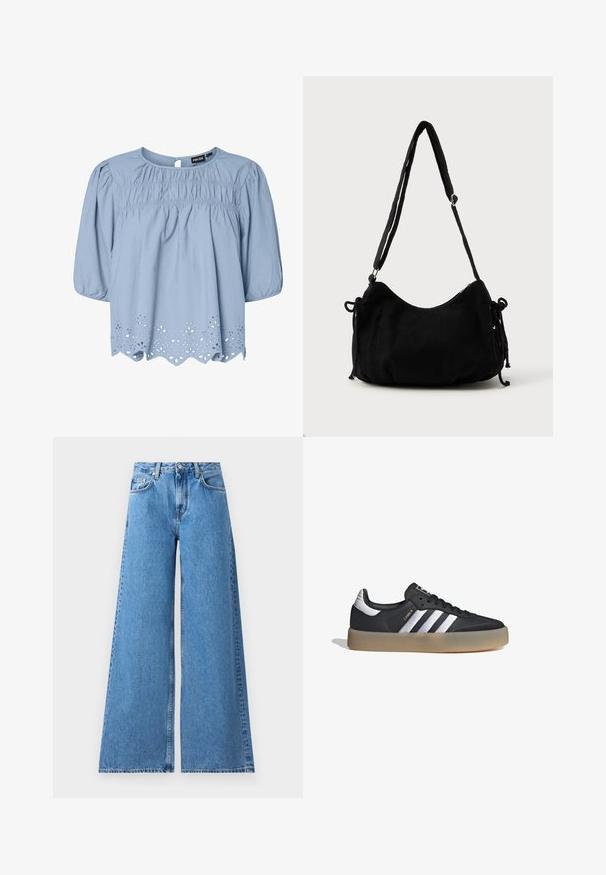Blusa azul claro de algodón con escote redondo, mangas abullonadas y detalles de encaje de ojo de perdiz intrincados en el dobladillo.; Jeans de mezclilla azul de pierna ancha con una cintura alta, que presentan un diseño clásico de cinco bolsillos y costuras a lo largo de los lados para un detalle adicional.; Zapatilla deportiva de cuero negro con tres rayas plateadas, punta texturizada y suela de goma. Cuenta con un collar acolchado y un diseño con cordones.; Bolso de hombro de pana negra con forma curva, correa ajustable y cierres de cordón en ambos lados para ajustar el tamaño.