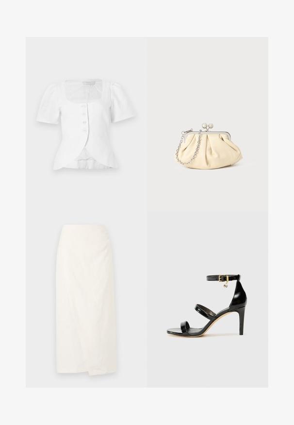 Witte linnen blouse met korte pofmouwen, vierkante halslijn en vijf knopen aan de voorkant. Heeft een getailleerde taille en een overlappende zoom.; Witte knie-lange rok van lichtgewicht stof, met een wrapsdesign en een zachte, gestructureerde oppervlakte. Eenvoudige, strakke lijnen zonder versieringen.; Zwarte gepatineerde leren sandaal met drie banden, enkelgesp en 10 cm hoge stiletto hak. Bevat gouden hardwaredetails en een logo charm.; Geplooide beige leren clutch met een zilveren metalen frame, voorzien van twee ronde decoratieve sluitingen en een zilveren kettingriem.