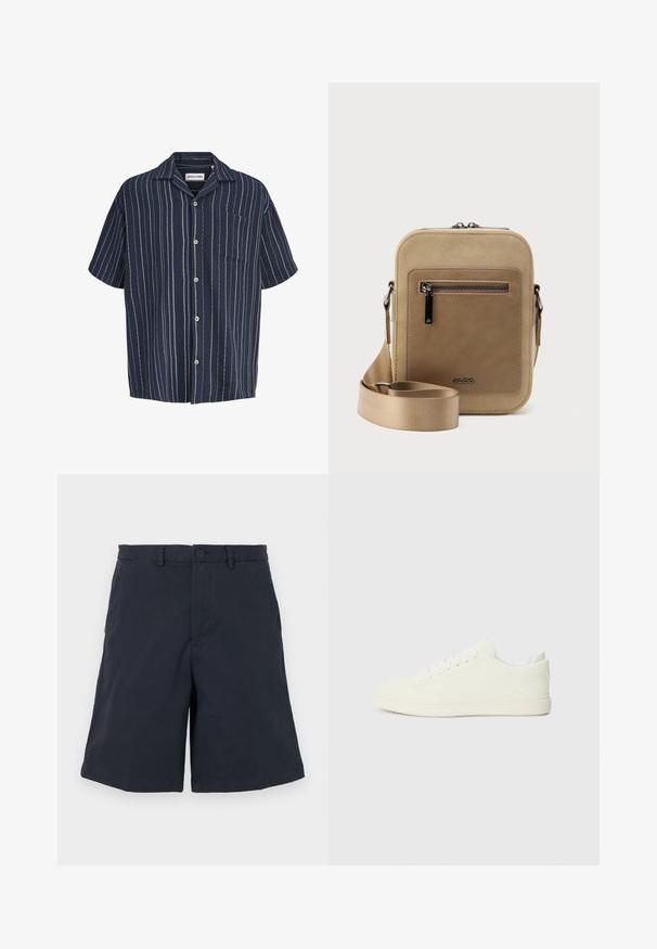 Marineblå kortærmet skjorte med knapper, hvide lodrette striber og en brystlomme, mærket Jack & Jones.; Marineblå shorts lavet af bomuld, med knaplukning, sidelommer og lige ben. Stoffet har en blød tekstur.; Hvide sneakers med en glat overflade, rund tå og traditionel snøring, med et minimalistisk design og gummisål.; Lille beige crossbody-taske med lynlåslomme foran, metal ALDO-logo, justerbar bred rem og rundet rektangulær form på hvid baggrund.