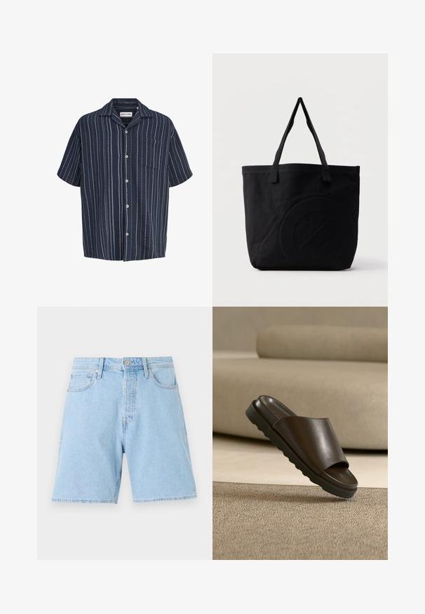 Donkerblauw overhemd met korte mouwen, witte verticale strepen en een borstzak, met het label Jack & Jones.; Lichtblauwe denimshorts met een klassieke snit, vijf zakken, knoopsluiting en gestikt zoom. Duurzame stof met een gladde textuur.; Donkerbruine leren slidesandaal met dikke zool op een beige tapijt voor een gebogen beige bank.; Zwarte canvas tas met twee schouderbanden en een subtiel, ingebosseleerd cirkelvormig ontwerp aan de voorkant.