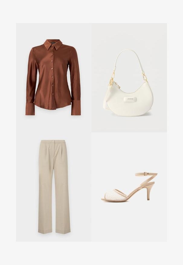 Brun satinbluse med lange ærmer, knaplukning foran og spids krave. Har en struktureret finish og en buet kant.; Lys beige bukser med lige ben, elastisk talje og en enkelt knapdetalje foran. Fremstillet af et tekstureret stof.; Beige damesandal med høj hæl, ankelrem, åben tå og mesh-detalje på forfod.; Hvid skuldertaske formet som en halvmåne med guldfarvet metalhardware, lynlås og "LACOSTE"-logo på frontpanelet.