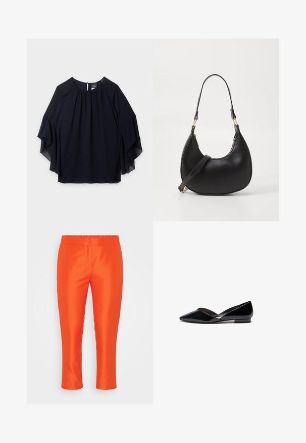 Dunkelblaue Bluse mit fließenden, mehrlagigen Flatterärmeln und rundem Ausschnitt, vor einem schlichten weißen Hintergrund dargestellt.; Helle orange, schmal geschnittene Hose mit elastischem Bund, einem Knopfverschluss und glatter Textur. Keine sichtbaren Taschen.; Schwarze Lackleder-Ballerinas mit spitzer Zehenform, V-förmigem oberen Teil, schlankem, flachem Absatz und glatter Textur. Minimalistisches Design ohne sichtbare Beschläge.; Schwarze Lederhandtasche mit geschwungener Form, ausgestattet mit einem oberen Reißverschluss, einem kurzen Griff und einem abnehmbaren Schulterriemen. Goldene Hardware-Akzente.