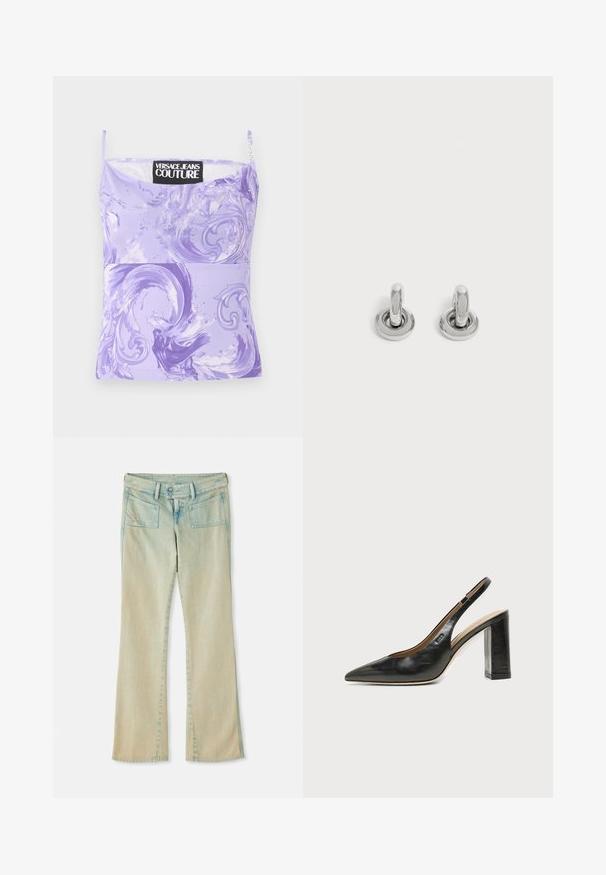 Haut sans manches Versace Jeans Couture violet lilas avec des motifs baroques abstraits tourbillonnants et des bretelles fines.; Jean flare en denim bleu clair avec une finition délavée, présentant des passants de ceinture, deux poches avant et deux poches arrière avec des accents de couture.; Chaussure slingback en cuir noir à bout pointu avec un talon bloc haut et une doublure intérieure beige sur un fond clair uni.; Paire de petites boucles d'oreilles créoles argentées brillantes avec une base ronde, présentées sur un fond clair uni.
