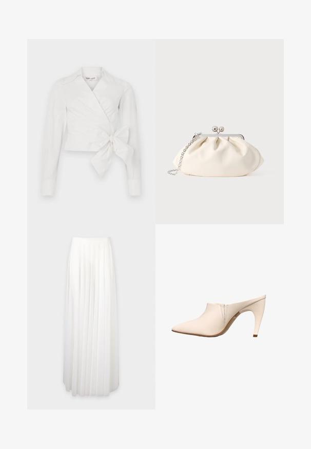Blusa blanca con manga larga, cuello y detalle de lazo en la parte delantera. Fabricada en un tejido suave con un diseño ligeramente estructurado.; Falda larga blanca plisada con cintura alta y un diseño fluido hasta el suelo sobre un fondo liso.; Mula beige con puntera puntiaguda, tacón curvado de altura media y detalles mínimos de costura cerca de la abertura sobre un fondo blanco.; Bolso de mano de tela color crema con diseño fruncido, marco metálico plateado, dos bolas decorativas y correa de cadena plateada.