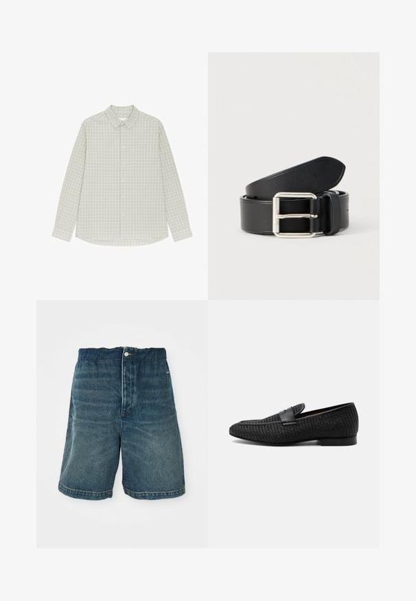 Camisa de manga larga con botones, con un patrón pequeño de cuadros en beige y gris claro y cuello clásico.; Pantalones cortos de mezclilla en azul oscuro con un ajuste holgado, que cuentan con un cierre de botón y costuras visibles a lo largo del dobladillo y los bolsillos.; Mocasín de cuero trenzado negro con un diseño elegante, tacón bajo y detalle de una tira de cuero en la parte superior.; Cinturón de cuero negro con textura lisa, hebilla metálica plateada y diseño limpio y sencillo. Cuenta con agujeros para ajuste.