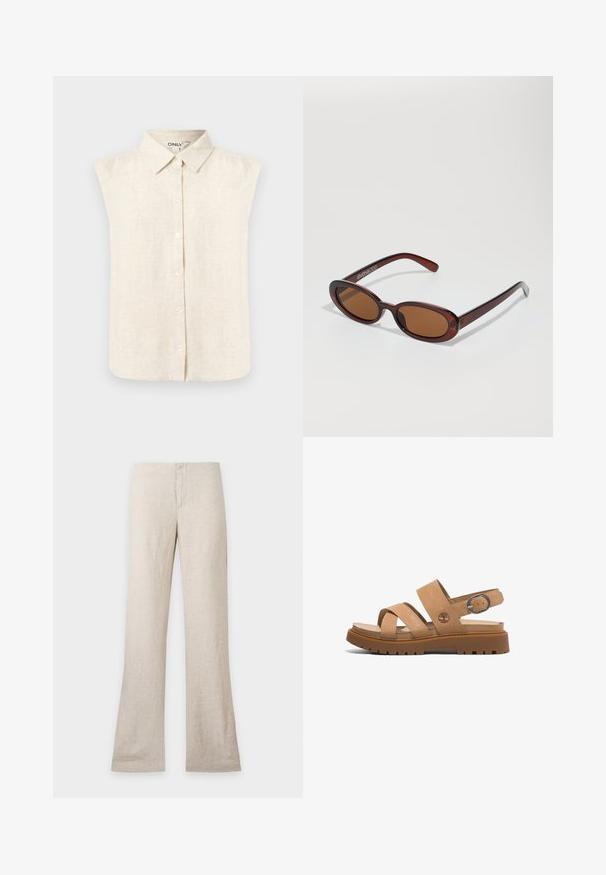 Blusa sin mangas de lino beige con botones, cuello puntiagudo y hombros ligeramente fruncidos, diseño frontal sencillo.; Pantalón de lino beige de pierna recta y cierre frontal oculto, expuesto de forma plana sobre un fondo claro liso. Sin bolsillos ni detalles visibles.; Sandalias de cuero marrón con dos correas anchas, una correa trasera con un hebilla de metal y una suela de goma gruesa con un patrón texturizado.; Gafas de sol redondas con tinte marrón y un marco burdeos brillante. Patillas delgadas con un sutil detalle de marca. Diseño de lentes planos.