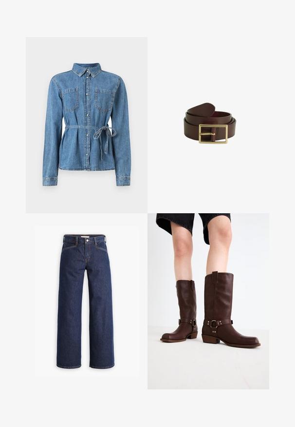 Lysblå denimskjorte med lange ærmer, knaplukning foran, to brystlommer og en bæltestrop i taljen for justerbar pasform.; Mørkeblå denim jeans med høj talje, bred benklipp og diskret orange syninger. Har knap- og lynlåslukning foran.; Brune læder knæhøje støvler med rund tå, struktureret overflade, ankelrem og sølvhardware detaljer; stablet hæl.; Mørkebrun læderbælte, der er rullet sammen med en rektangulær guldmetalspænde synligt på en hvid baggrund.