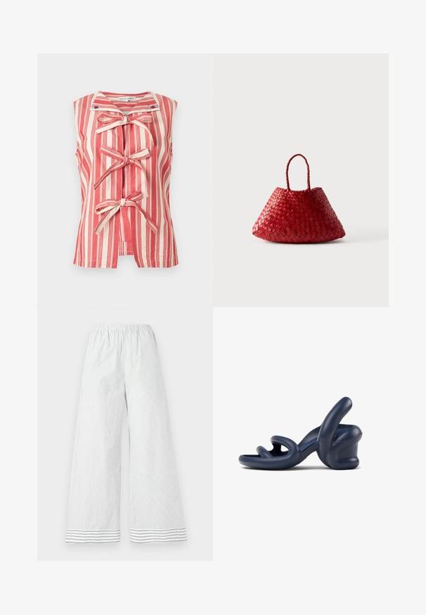 Mouwloze blouse met verticale rood-witte strepen, zeemanskraag en drie voorste striksluitingen.; Witte wijde broek met dunne verticale grijze strepen, elastische tailleband en horizontale streepdétails aan de zoom.; Marineblauwe hoge sandaal met hak gemaakt van soepel synthetisch materiaal; heeft gebogen bandjes en een unieke sculptuurhakontwerp.; Rode geweven leren handtas met een afgeronde, driehoekige vorm en twee gevlochten handvatten op een witte achtergrond.