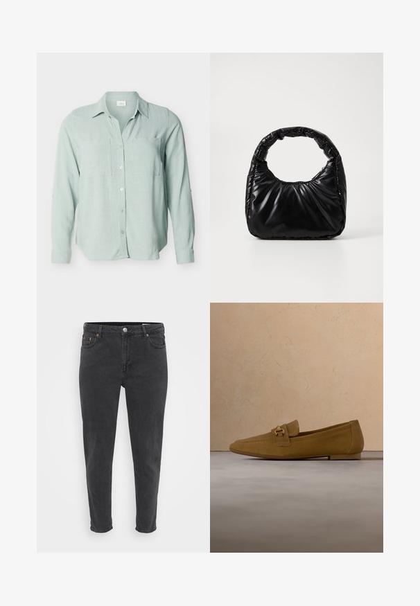 Hellgrünes, langärmliges Hemd mit Knöpfen, Kragen und zwei Brusttaschen, vor einem einfarbigen Hintergrund präsentiert.; Schmal geschnittene schwarze Jeans aus Denim mit vorderem Knopf und Reißverschluss, Gürtelschlaufen und fünf Taschen, auf einem schlichten hellen Hintergrund präsentiert.; Brauner Wildleder-Slipper mit goldfarbenem Metallbit-Detail, der über einem strukturierten beigen Teppich schwebt, im Hintergrund ein runder Couchtisch aus Holz mit gestapelten Büchern.; Schwarze gepolsterte Handtasche mit einem runden Griff, die eine glatte, glänzende Oberfläche und eine weiche, gestepfte Textur aufweist. Keine sichtbare Hardware oder Akzente.