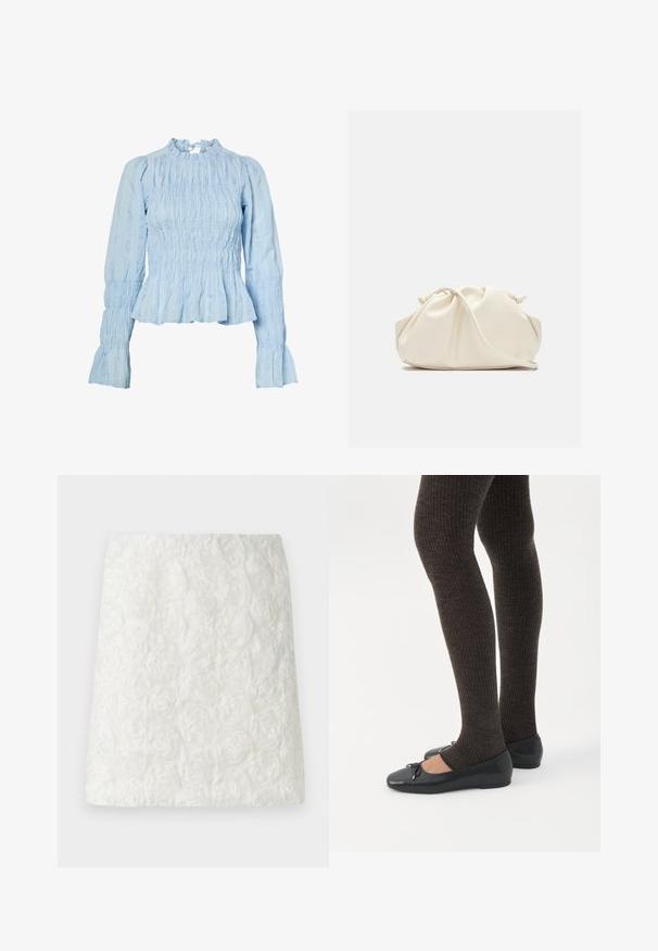 Blouse bleu clair à manches longues avec col haut à volants, tissu texturé froncé, poignets évasés et fermeture par lien au dos.; Jupe mini blanche avec une surface texturée ornée de motifs floraux en relief ressemblant à des roses, fabriquée en tissu léger.; Jambes portant des leggings côtelés foncés associés à des ballerines noires avec de petits détails en nœud sur fond blanc.; Pochette en cuir souple couleur crème avec un design froncé et une fine bandoulière reposant à l’avant sur un fond uni.