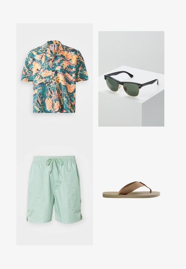 Chemise à manches courtes avec un motif tropical vibrant comprenant des verts, des oranges et des jaunes. Col classique avec un boutonnage à l'avant et une coupe décontractée.; Shorts de bain verts clairs en tissu lisse, dotés d'une taille élastique avec cordon de serrage, de poches latérales et d'une longueur courte.; Sandale tong beige avec semelle texturée et large bride d'orteil en tissu marron sur fond blanc.; Lunettes de soleil Ray-Ban avec des verres verts, monture en plastique noir et accents dorés sur les bords. Forme carrée avec une finition mate.
