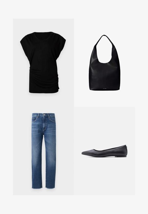 Sort kortærmet top med rund halsudskæring. Har blødt, strækbart stof med sidesyninger for et tætsiddende look. Glat tekstur, afslappet form.; Blå denimjeans med straight-leg design, featuring en falmet finish, fem-lomme styling og en frynset kant.; Sort flad lædersko med spidst tåparti og lav hæl, vist i sideprofil mod en hvid baggrund.; Sort læder shoppertaske med en bred enkelt skulderrem og et subtilt Calvin Klein-logo nederst i midten.