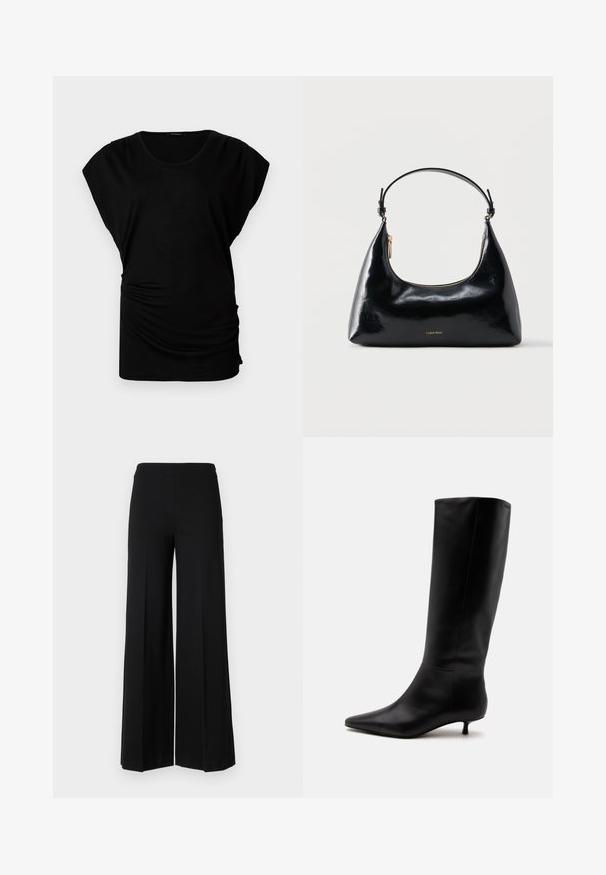 Haut noir à manches courtes avec un col rond. Il est confectionné dans un tissu doux et extensible avec des fronces sur les côtés pour un look ajusté. Texture lisse, forme décontractée.; Pantalons larges noirs avec une texture lisse, présentant une taille haute et sans fermetures visibles. Design simple et épuré.; Botte noire en cuir jusqu'au genou avec bout pointu et petit talon kitten sur un fond clair uni.; Sac à main Calvin Klein noir brillant avec fermeture éclair dorée et anse courte sur fond blanc uni.