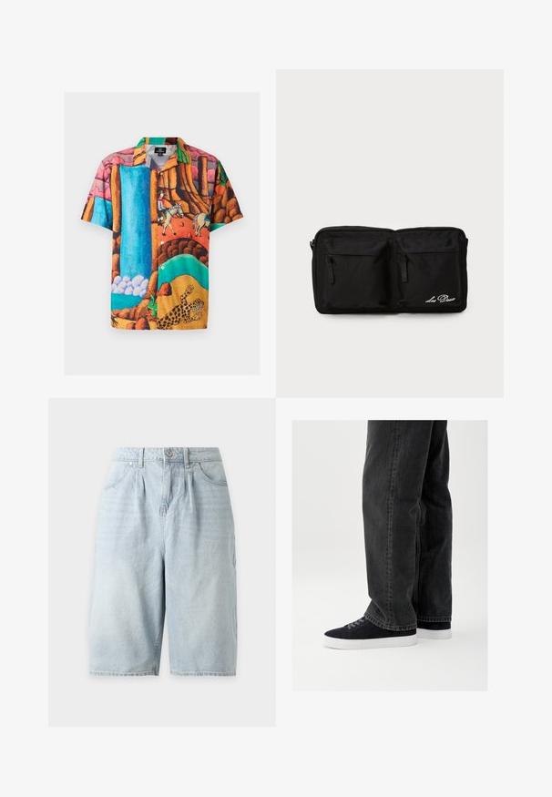 Kurzärmliges Hemd mit Knopfleiste, bedruckt mit einer bunten Landschaft, die Wasserfälle, Pferde und einen Leoparden zeigt, auf einem strukturierten Stoff.; Hellblaue Denim-Shorts mit vorderen Falten, Gürtelschlaufen und seitlichen sowie vorderen Taschen auf weißem Hintergrund.; Schwarze Jeans aus Denim mit lockerem Schnitt, kombiniert mit marineblauen Wildleder-Sneakern mit weißen Gummisohlen und schwarzen Schnürsenkeln. Einfaches und modernes Design.; Schwarze Stofftasche mit zwei vorderen Reißverschlusstaschen, gesticktem Text, rechteckiger Form, strapazierfähiger Textur und unauffälligem Design.