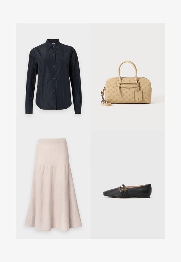Zwarte blouse met lange mouwen, knoopsluiting en kraag, gemaakt van mat stof met nauwsluitende manchetten, weergegeven op een neutrale lichte achtergrond.; Lichtbeige uitlopende rok van zachte stof, met een hoge taille en een geplooid ontwerp met een vloeiende silhouet.; Zwarte leren platte schoenen met een spitse neus, voorzien van twee zwarte banden met gouden accenten. Soepele textuur en lage hak.; Beige Michael Kors handtas met geperst MK-patroon, dubbele handvatten, voorvak met rits en afneembare schouderband op een witte achtergrond.