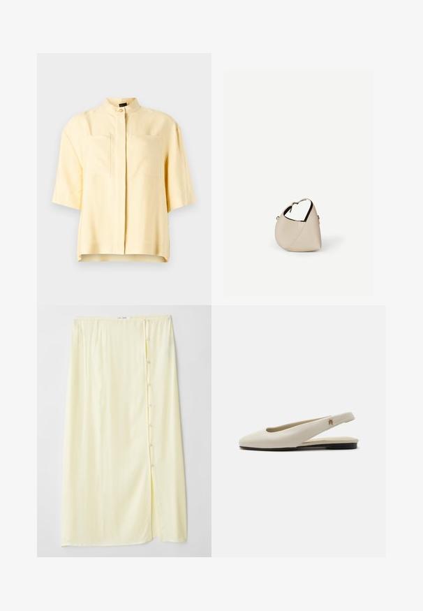 Kortærmet gul bluse med mandarin-krave, der har to forlommer og en glat overflade. Rent, minimalistisk design.; Lang, lys gul nederdel lavet af blødt stof med slids i siden og knaplukning, der har en glat tekstur og afslappet pasform.; Flatsko i cremefarvet læder med rundet tå og lille guldemblem på remmen.; Beige læder håndtaske i halvmåneform med en enkelt skulderrem og minimal syning, sat mod en ensartet hvid baggrund.