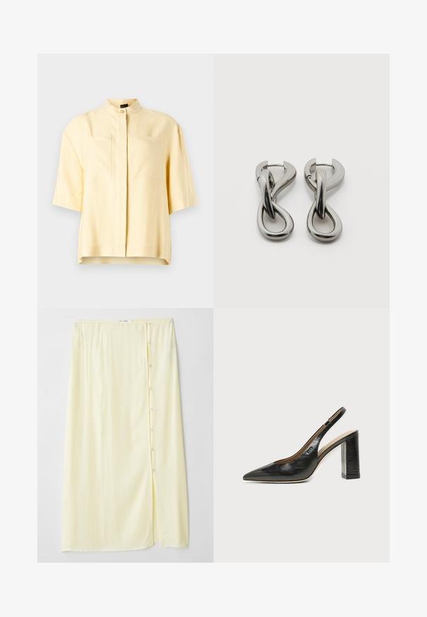 Kortærmet gul bluse med mandarin-krave, der har to forlommer og en glat overflade. Rent, minimalistisk design.; Lang, lys gul nederdel lavet af blødt stof med slids i siden og knaplukning, der har en glat tekstur og afslappet pasform.; Sort læder peep-toe slingback sko med høj blokhæl og beige indvendig foring mod en ensfarvet lys baggrund.; Par af sølvtonede metale øreringe med abstrakt sammenflettet løbedesign på hvid baggrund.