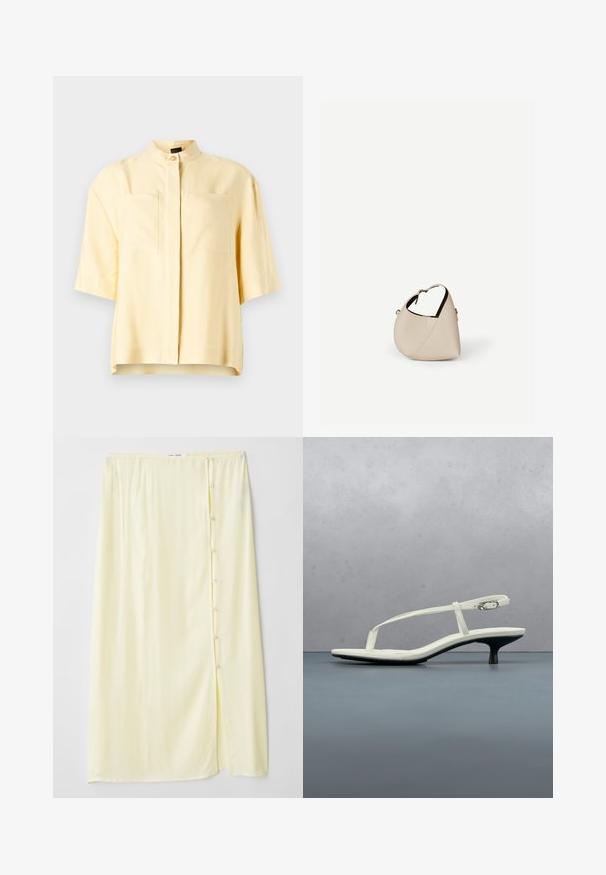 Kortærmet gul bluse med mandarin-krave, der har to forlommer og en glat overflade. Rent, minimalistisk design.; Lang, lys gul nederdel lavet af blødt stof med slids i siden og knaplukning, der har en glat tekstur og afslappet pasform.; Hvid sandal med stropper og kitten-hæl med spids tå, svævende over et trægulv udendørs med en sløret plante og væg i baggrunden.; Beige læder håndtaske i halvmåneform med en enkelt skulderrem og minimal syning, sat mod en ensartet hvid baggrund.