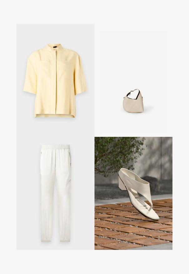 Blouse jaune à manches courtes avec col mandarin, dotée de deux poches à l'avant et d'une texture lisse. Design épuré et minimal.; Joggers crème clair avec taille élastique, finitions fuselées, poches latérales et accents zippés. Tissu lisse avec une finition légèrement brillante.; Sandale à talon en cuir blanc avec une large bride et un entre-doigts, exposée en extérieur sur une surface carrelée en bois et en gravier avec de la verdure en arrière-plan.; Sac à main en cuir beige en forme de croissant avec une seule bandoulière et des coutures minimalistes, posé sur un fond blanc uni.