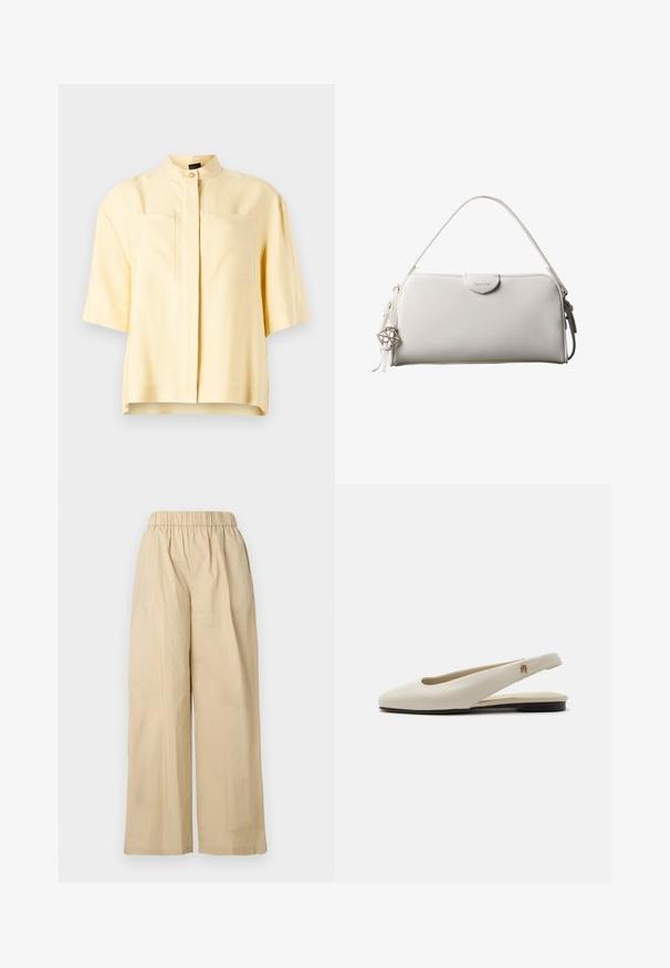 Blouse jaune à manches courtes avec col mandarin, dotée de deux poches à l'avant et d'une texture lisse. Design épuré et minimal.; Pantalon beige à jambes larges avec une ceinture élastique, un devant plat et une texture de tissu lisse. Dispose d'une coupe ample pour le confort.; Chaussure plate slingback en cuir couleur crème avec un bout arrondi et un petit emblème doré sur la bride.; Sac à main rectangulaire blanc Calvin Klein avec une seule poignée, design minimaliste et pampilles décoratives avec un charm métallique géométrique sur le côté.