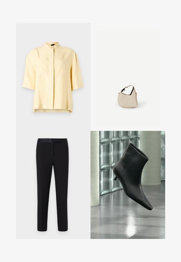 Kortærmet gul bluse med mandarin-krave, der har to forlommer og en glat overflade. Rent, minimalistisk design.; Sorte bukser med en glat tekstur, lige snit og en satinlinning. Har minimal detaljering og ingen synlige mønstre eller accenter.; Sort læderankelstøvle med spids tå og lav kitten-hæ, vist vinklet mod en poleret gulv- og glasblokvæg.; Beige læder håndtaske i halvmåneform med en enkelt skulderrem og minimal syning, sat mod en ensartet hvid baggrund.