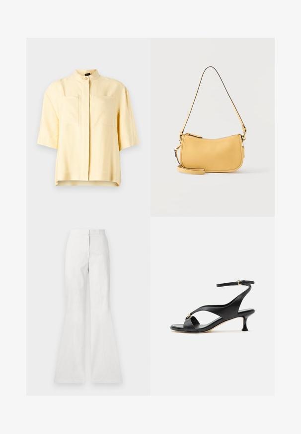 Blusa amarilla de manga corta con cuello mao, que presenta dos bolsillos frontales y una textura suave. Diseño limpio y minimalista.; Pantalones acampanados blancos hechos de tejido ligero, con una textura suave, detalle de costura frontal y una cinturilla ajustada.; Sandalia negra de cuero para mujer con tacón bajo curvado, tiras cruzadas y correa ajustable en el tobillo con pequeña hebilla dorada.; Bolso de hombro de cuero amarillo con cremallera curva en la parte superior y correa delgada ajustable, diseño minimalista sobre fondo liso.