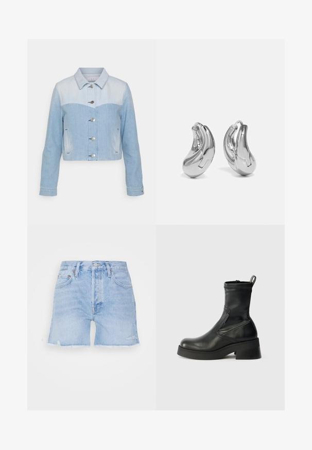 Iro TOSCA - Chemisier - light blue; Shorts en denim bleu clair avec un ourlet effiloché. Dispose d'un design classique à cinq poches, fermeture à bouton et légères zones de décoloration sur le tissu.; Bottines en cuir noir à bout arrondi, avec fermeture éclair sur le côté, petit talon carré et coutures soignées. Surface texturée avec une finition lisse.; Boucles d'oreilles en argent en forme de créoles avec une finition incurvée et brillante, et un design sans couture. Équipées d'une fermeture à charnière pour un port sécurisé.