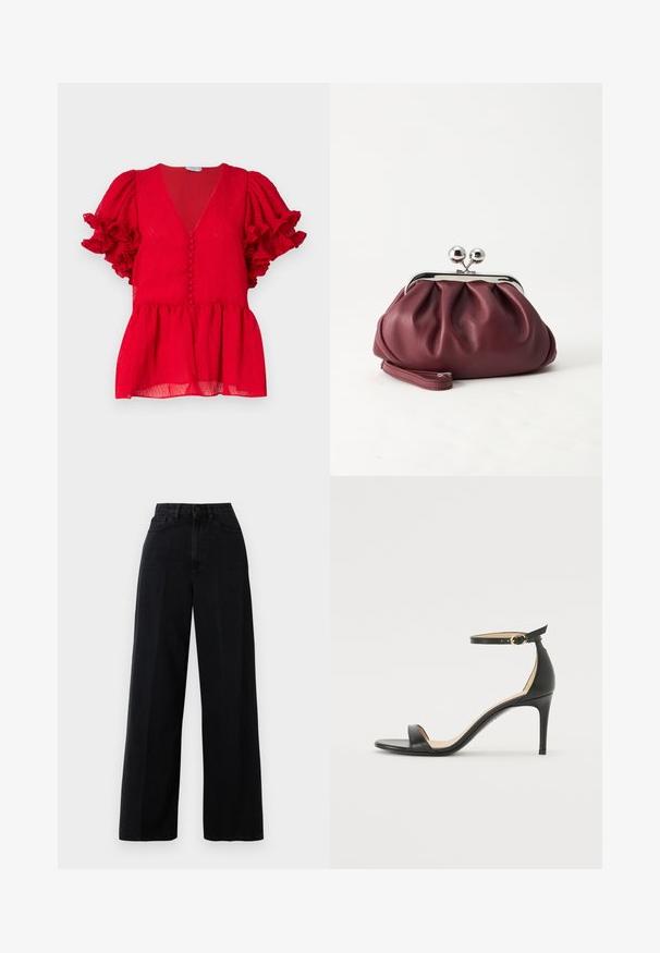 Rød tekstureret bluse med en dyb V-udskæring, knapdetaljer ned langs fronten og rynkede kortærmer. Peplum-stil kant.; Sorte wide-leg jeans lavet af denim, med høj talje, forlommer og knaplukning. Stoffet har en glat tekstur.; Sort læder højhælede sandaler med ankelrem. Har en glat tekstur, åben tå og en tynd hæl. Guldtonet spænde detalje.; Lille bordeauxlæder clutch-pung med sølv metal lukning og håndledsrem på hvid baggrund.