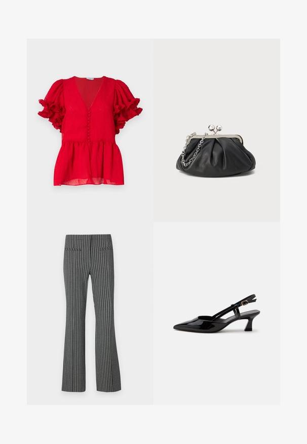 Rote strukturierte Bluse mit tiefem V-Ausschnitt, Knopfdetails auf der Vorderseite und kurzen, rüschenbesetzten Ärmeln. Peplum-Stil Saum.; Schwarz-weiße karierte Hose im Schlagdesign, mit zwei Gesäßtaschen und strukturiertem Stoff mit sichtbarem Karomuster.; Schwarzer Slingback-Pumps aus Lackleder mit spitzer Spitze und verstellbarem goldfarbenem Riemen auf weißem Hintergrund.; Schwarze Leder-Clutch mit geraffter Textur, silberfarbener Metallrahmen, Druckverschluss und Kettenriemen. Glatte, weiche Oberfläche.