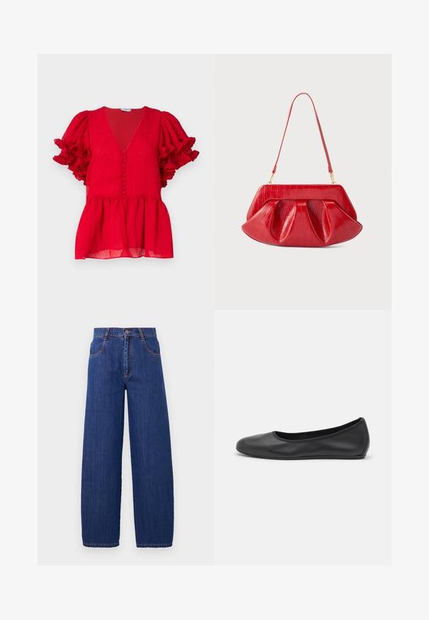 Blusa roja texturizada con un profundo escote en V, detalles de botones en el frente y mangas cortas con volantes. Bajo de estilo peplum.; Vaqueros de mezclilla azul de pierna ancha con cintura alta, que cuentan con bolsillos delanteros y costuras naranjas. La tela tiene una textura suave y un acabado clásico.; Bailarina de piel negra con punta redondeada, textura suave, detalle de costura minimalista y diseño de suela flexible.; Bolso de hombro de cuero rojo con estructura rígida, cuerpo plisado y correa delgada ajustable sobre un fondo liso.