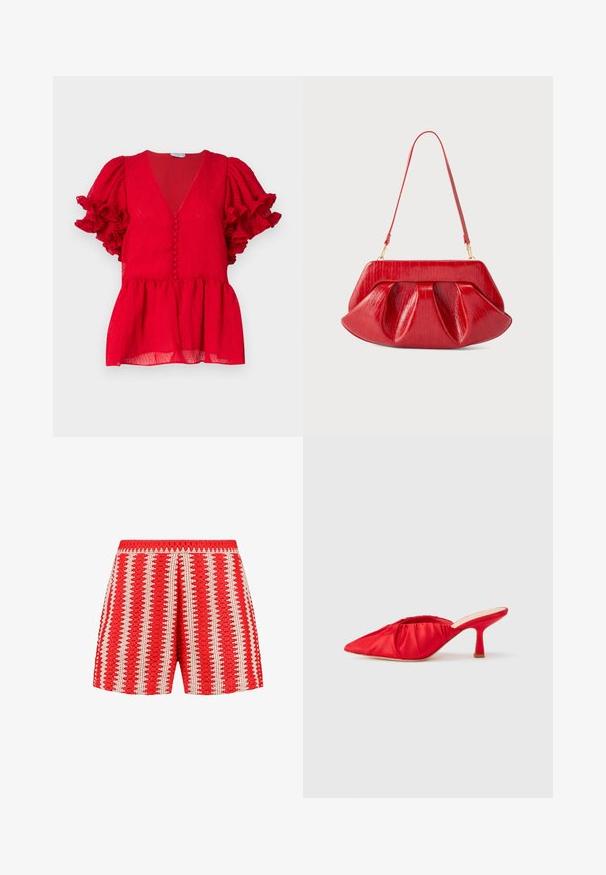 Blusa roja texturizada con un profundo escote en V, detalles de botones en el frente y mangas cortas con volantes. Bajo de estilo peplum.; Pantalones cortos rojos con una tela texturizada con rayas verticales blancas y un patrón en forma de concha. Cintura elástica y diseño de corte holgado.; Mules de tacón alto de satén rojo con punta afilada y textura fruncida en la parte superior. Presentan un tacón delgado y cónico.; Bolso de hombro de cuero rojo con estructura rígida, cuerpo plisado y correa delgada ajustable sobre un fondo liso.