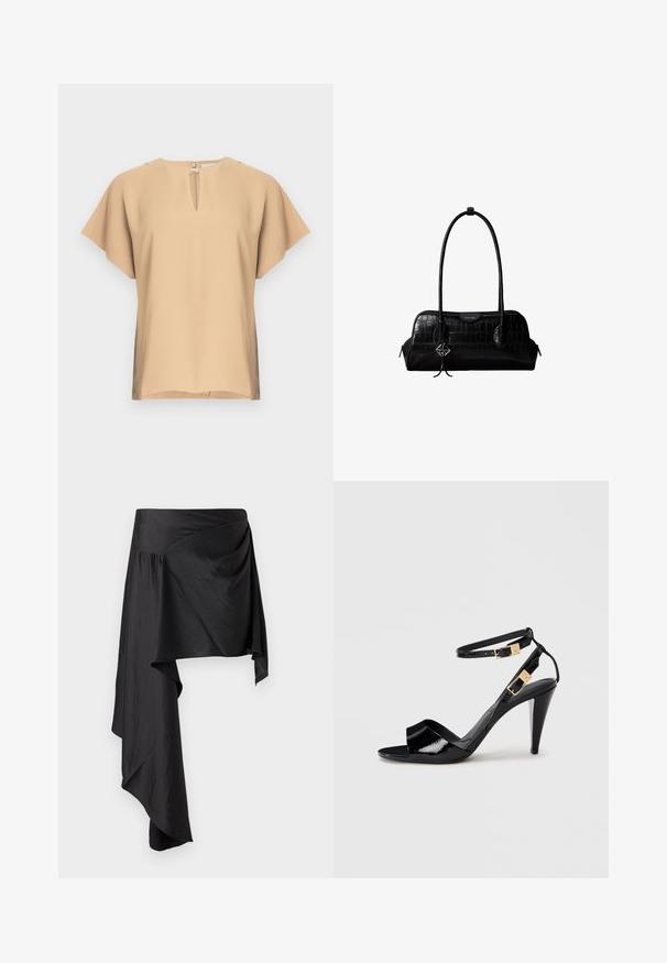 Beige bluse med nøglehul-halsudskæring og korte, brede ærmer. Glat stof med afslappet pasform og lige kant. Minimalistisk design.; Sort omslagskørt lavet af glat, letvægtsstof. Har en asymmetrisk kant og sammensat detaljering i taljen for en flydende silhuet.; Sorte patentlæder højhælede sandaler med dobbelte ankelremme og guldspænder, åben tå og slank taperet hæl på neutral baggrund.; Sort skuldertaske i krokodillelæder med lange stropper og lille sølvlogo-charm på den ene strop.