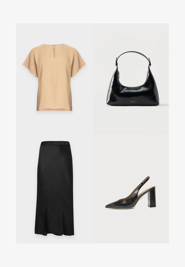 Beige blouse met een keyhole-halslijn en korte, brede mouwen. Glad stof met een ontspannen pasvorm en rechte zoom. Minimalistisch ontwerp.; Zwarte, satijnen midi-skirt met een elastische tailleband. Gladde textuur en eenvoudig ontwerp, dat iets taps toeloopt aan de zoom voor een vloeiende silhouet.; Zwarte leren slingback schoen met spits toelopend neusje, hoge blokhak en beige binnenvoering tegen een effen lichte achtergrond.; Zwarte glanzende Calvin Klein handtas met gouden rits en korte band tegen een effen witte achtergrond.