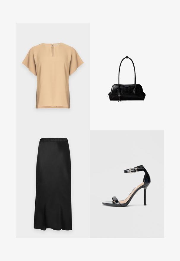 Blouse beige avec un col en forme de goutte et des manches courtes et larges. Tissu lisse avec une coupe décontractée et un ourlet droit. Design minimaliste.; Jupe midi noire en satin avec une taille élastique. Texture lisse et design sobre, se rétrécissant légèrement à l'ourlet pour une silhouette fluide.; Sandale à talon haut en cuir verni noir avec bride à la cheville. Présente un design minimaliste, un bout ouvert et une boucle ornée de strass.; Sac à épaule en cuir noir à texture crocodile, avec de longues sangles et un petit charm logo argenté sur une sangle.
