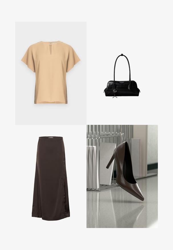 Beige bluse med nøglehul-halsudskæring og korte, brede ærmer. Glat stof med afslappet pasform og lige kant. Minimalistisk design.; Lang, mørkebrun satin skørt med en tætsiddende talje og subtil splittelse i siden, glat tekstur og let shine.; Mørkebrunt læderhæl med høj hæl, der svæver over en reflekterende gulvplade nær en metalhylde med hvide paneler i et rum.; Sort skuldertaske i krokodillelæder med lange stropper og lille sølvlogo-charm på den ene strop.