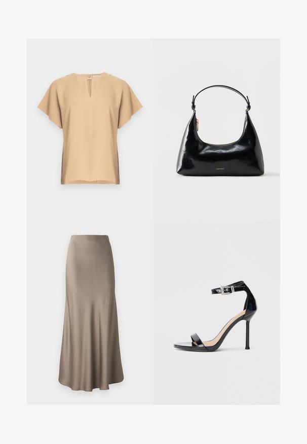 Beige bluse med nøglehul-halsudskæring og korte, brede ærmer. Glat stof med afslappet pasform og lige kant. Minimalistisk design.; Lang brun satin nederdel med en glat tekstur, der har en flydende silhuet og en let udvidet kant. Ingen synlig hardware eller mønstre.; Sort højhælet sandal i laklæder med ankelrem. Har minimalistisk design, åben tå og spænde med rhinsten-detaljer.; Sort blank Calvin Klein håndtaske med gyldent lynlås og kort rem mod en ensfarvet hvid baggrund.
