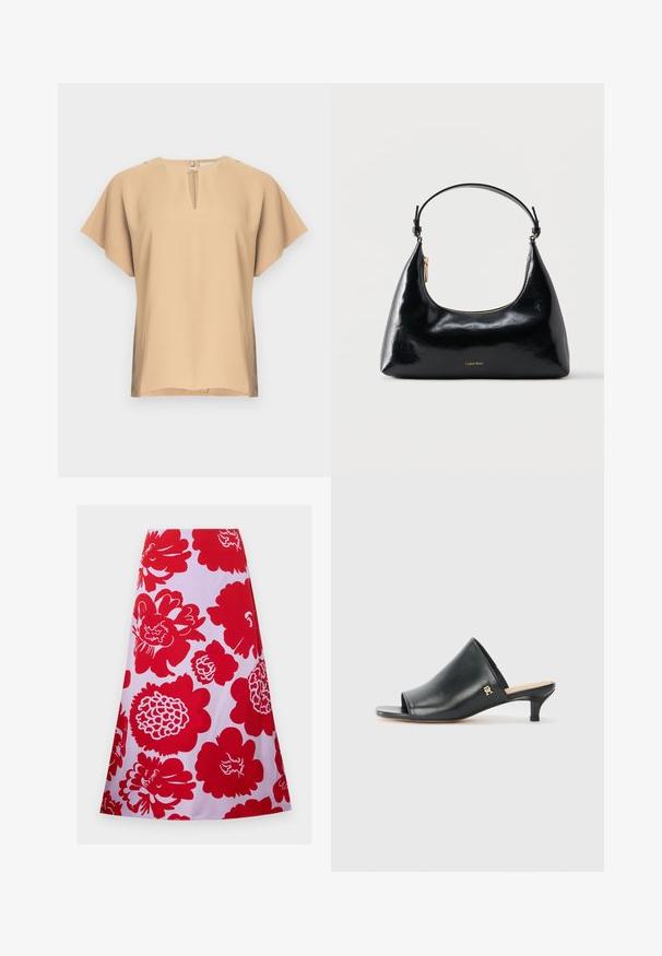 Beige bluse med nøglehul-halsudskæring og korte, brede ærmer. Glat stof med afslappet pasform og lige kant. Minimalistisk design.; Rød blomstret nederdel på hvid baggrund; knælang med en svungen design og glat tekstur. Ingen synlige lukninger eller accenter.; Sorte læder open-toe mules med en lav hæl. Har en glat overflade og et guld logo-prim på siden.; Sort blank Calvin Klein håndtaske med gyldent lynlås og kort rem mod en ensfarvet hvid baggrund.