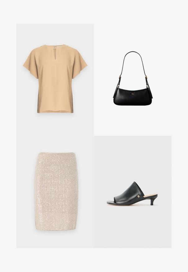 Beige Bluse mit einem Schlüsselloch-Ausschnitt und kurzen, weiten Ärmeln. Glatter Stoff mit lockerem Schnitt und geradem Saum. Minimalistisches Design.; Schimmernder beiger Bleistiftrock mit tailliertem Schnitt, bedeckt mit kleinen, reflektierenden Pailletten, glatte Textur und gerader Saum.; Schwarze Leder-Pantoletten mit offenen Zehen und niedrigem Absatz. Sie verfügen über eine glatte Oberfläche und ein goldenes Logo-Detail an der Seite.; Schwarze kleine Lederschultertasche mit dünnem Riemen und kleinem goldenem CK-Logo auf der Vorderseite in der Mitte.