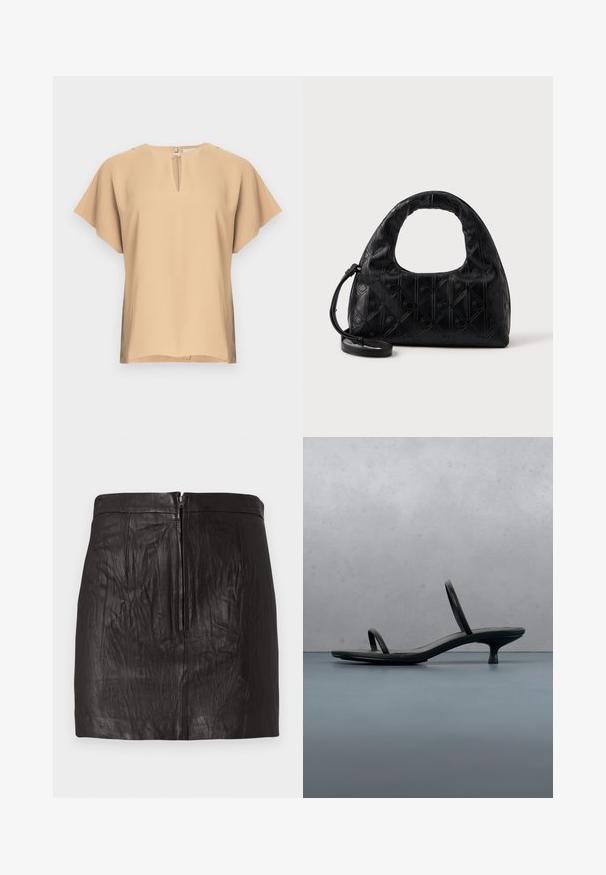 Beige bluse med nøglehul-halsudskæring og korte, brede ærmer. Glat stof med afslappet pasform og lige kant. Minimalistisk design.; Sort læder mini-skirt med lynlås foran og subtile lodrette sømdetaljer på en ensfarvet baggrund.; Sort Calvin Klein sandal med hæl og tynde stropper, balancerende på træfliser udendørs nær en væg og grønne planter.; Sort læderhåndtaske med et buet topgreb, subtil diamantmønster og en aftagelig rem. Teksturen er glat med prægede detaljer.